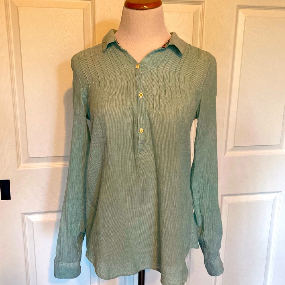 Isabella Sinclair Anthropology Green Long-sleeve Shirt S Lace Back Floral Cuff